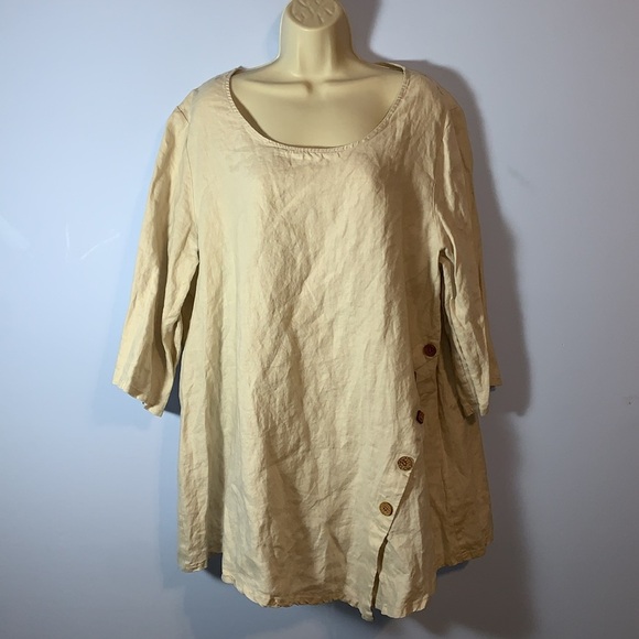 ForCynthia Tan beige natural linen scoop neck tunic side buttons 1X plus size - Picture 1 of 6
